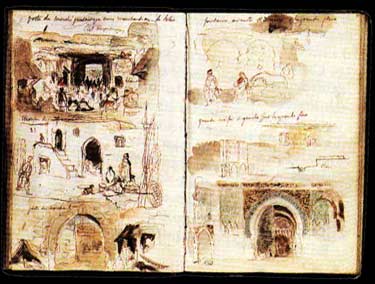 Scènes de rue, le souk et la port e de Bab el-Mansour (mine de plomb, encre et aquarelle). 

Musée du Louvre, album d'Afrique du Nord et d'Espagne.

